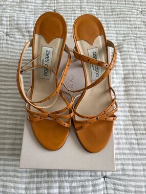 Jimmy Choo Orange Strappy Studded Leather Heels
